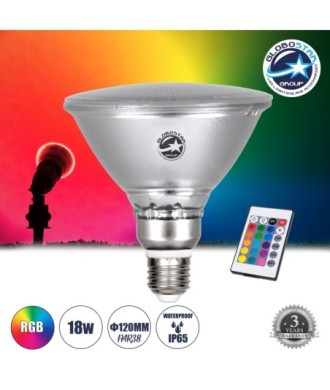 GLOBOSTAR® GARDENPAR 60233 Σποτ E27 PAR38 Σκληρού Υάλου με IR Ασύρματο Χειριστήριο LED 18W 1200lm 60° AC 220-240V Αδιάβροχο IP65 Πολύχρωμο RGB Dimmable - Μ12 x Π12 x Υ13cm - 3 Χρόνια Εγγύηση